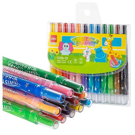 Creioane colorate cerate retractabile, 12 culori/set DELI